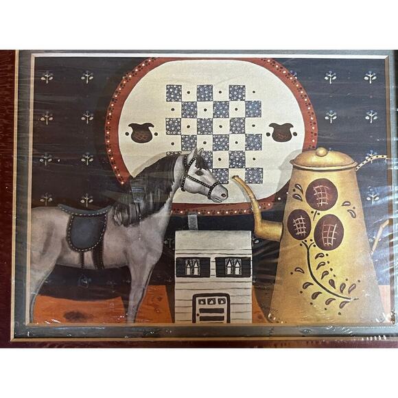 New vintage print horse teapot quilt primitive Country decor. Matted - Picture 2 of 5